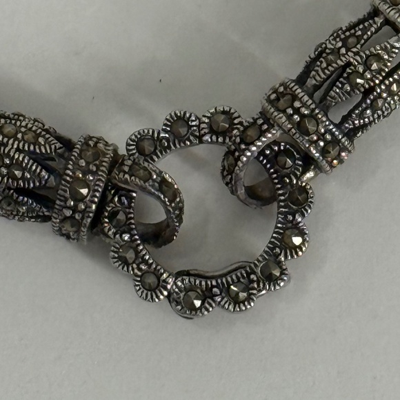 Vintage Black Onyx & Sterling Silver Marcasite Clasp Bail Necklace 8.5" Long - Picture 2 of 13